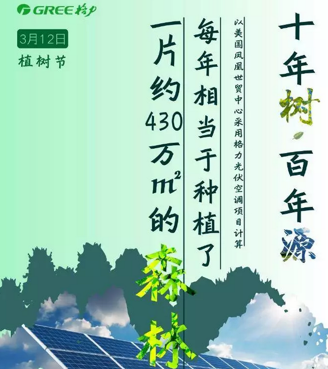 每日吸收营养, 才能茁壮成长。 借势亮点:产品元素和节日完美融合 图:一棵多层坚果拼成的大树,品牌元素和植树节完美结合,在纯绿色背景图上显得干净清爽,主题鲜明,容易让人记住。 文:有了那颗树,文字成了辅助,但是这句文案还是契合产品特点营养和节日元素树苗成长的,当然词义是双关。 格力 十年树,百年源 以美国凤凰世贸中心采用格力光伏空调项目计算 每年相当于种植了一片约430万平米的森林 借势亮点:反直觉思维利用节日元素 图:主体呈现格力光伏空调项目光伏发电板,下面是隐着的树,这点和之前都不同。什么