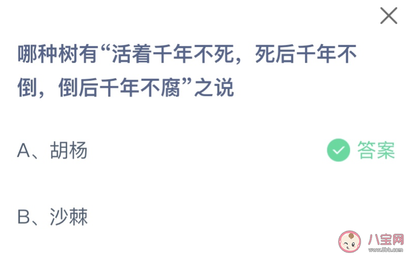 哪种树有活着千年不死死后千年不倒倒后千年不腐之说 蚂蚁庄园8月24日答案最新