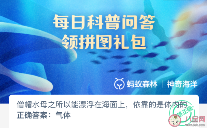 僧帽水母之所以能漂浮在海面上依靠的是体内的什么 神奇海洋2月24日答案